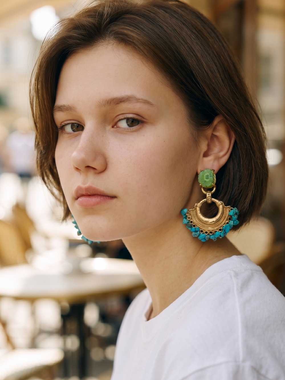 ZARA Gold-Tone Hoop Earrings with Green and Turquoise Accents